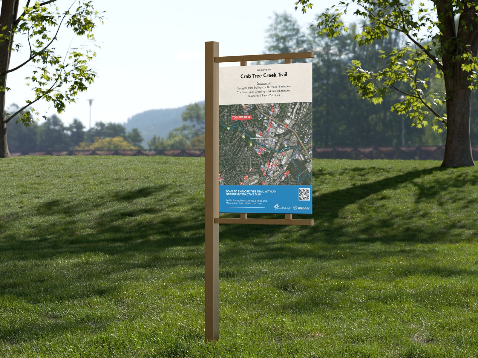 Visit Raleigh trailhead sign concept showing a Wander map and QR code
